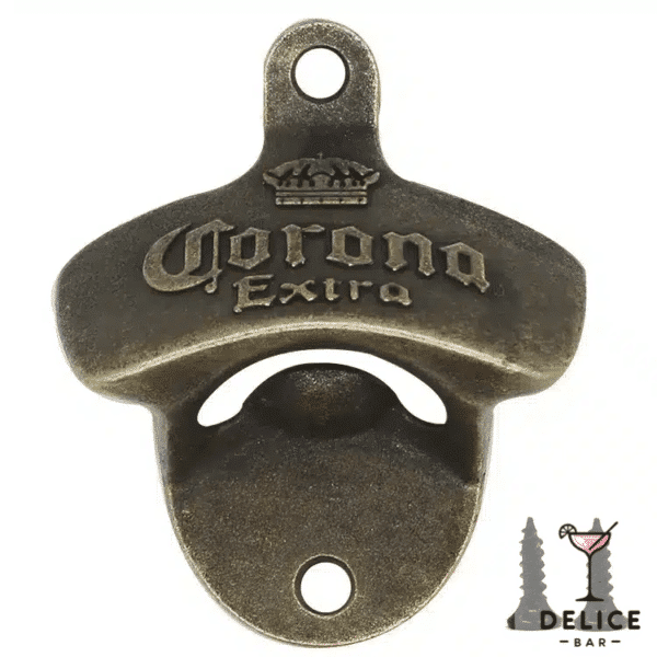 Ouvre-bouteille mural en inox de couleur or avec inscription "Corona" dessus et 2 vis.