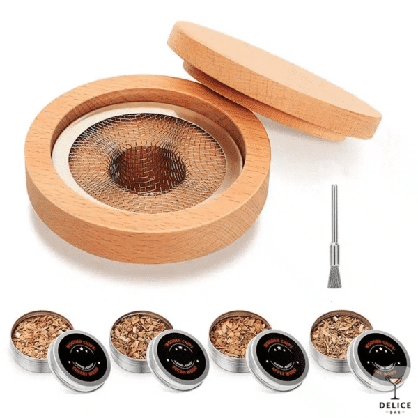 kit de fumoir à cocktail en bois massif avec arômes (copeaux de bois) et brosse nettoyante