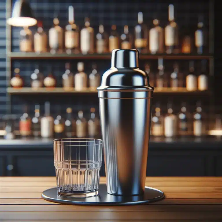 shaker cocktail cobbler en inox avec un verre posé sur la table