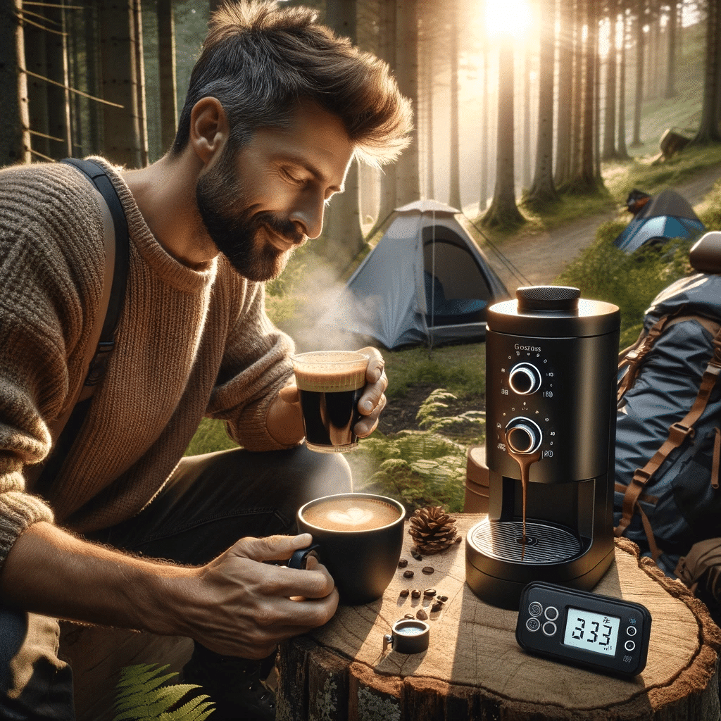 un voyageur dans la forêt qui se prépare du café grâce à sa machine à café portable
