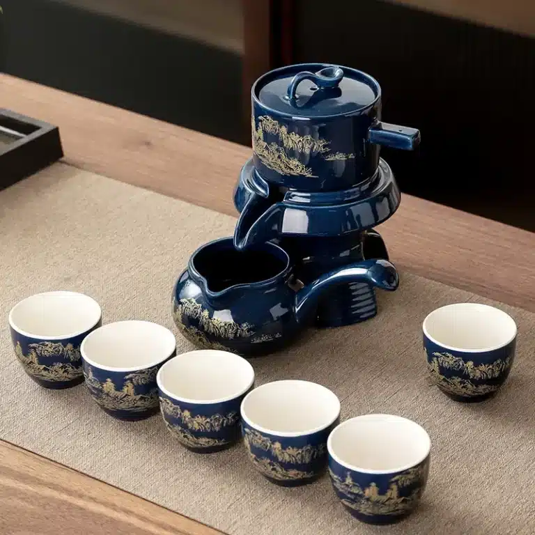 Service à thé chinois en céramique bleue – Set complet avec théière, verseuse et 6 tasses 6