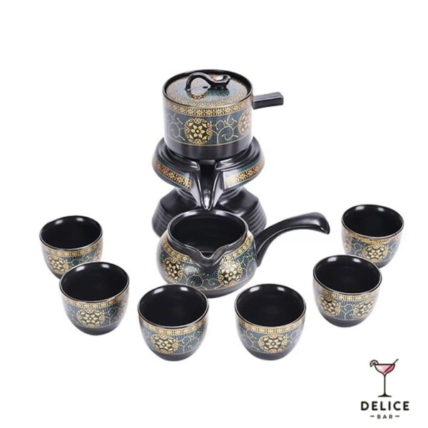 Service à thé chinois en céramique noire avec motifs dorées et bleus – Set complet avec théière, verseuse et 6 tasses
