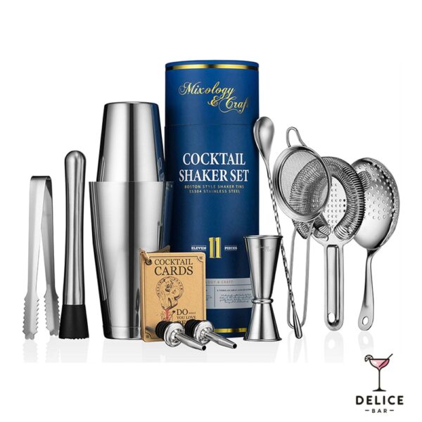 Kit barman 11 pièces avec jeu de cartes recettes cocktails en anglais