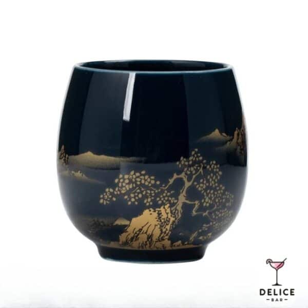 Tasse japonaise en céramique bleu 180 ml – style traditionnel avec motif doré montagne et cerisier