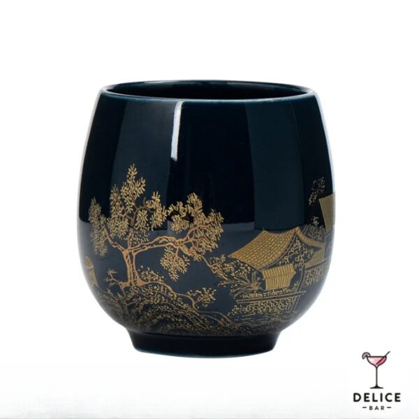 Tasse japonaise en céramique bleu 180 ml – style traditionnel avec motif doré pagode et cerisier