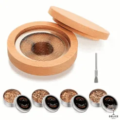 Kit fumoir à cocktail rond en bois avec filtre, pinceau et boîtes de copeaux aromatiques