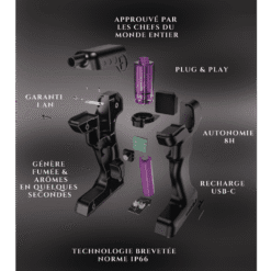 Schéma éclaté du Flavour Blaster Pro 2.5 listant autonomie 8h, recharge USB-C et norme IP66