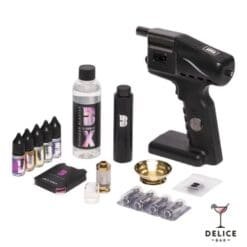 Contenu du kit Flavour Blaster Pro 2.4 noir avec pistolet, arômes et flacon Bubble X, logo Délice Bar