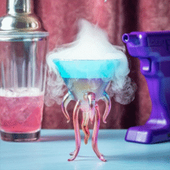 Coupe à cocktail rose sur pied tentacules surmontée d'une bulle de fumée, shaker et pistolet violet