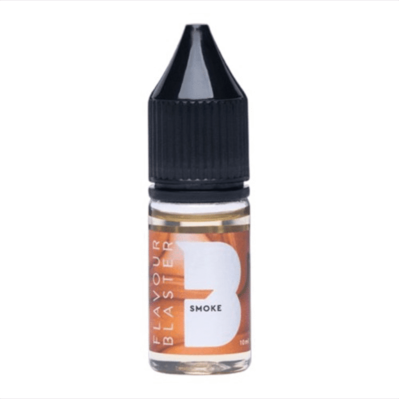 Flacon compte-gouttes noir 10 ml d'arôme Smoke fumée Flavour Blaster, étiquette orange sur fond blanc
