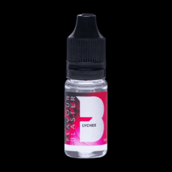 Flacon arôme Litchi Flavour Blaster 10 ml sur fond noir, étiquette rose vif pour cocktails tropicaux