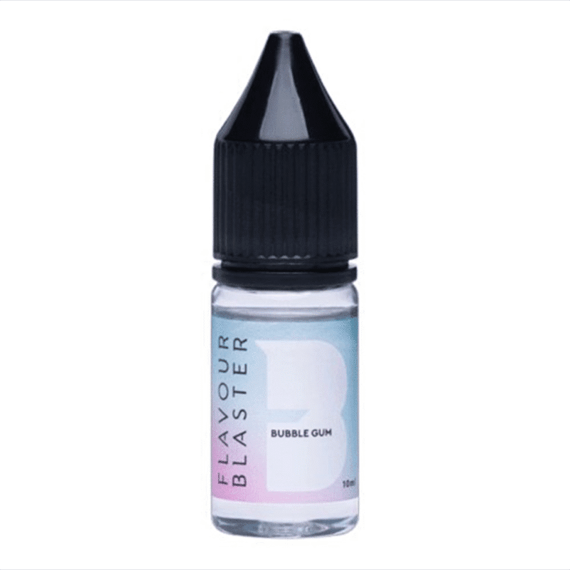 Flacon compte-gouttes noir 10 ml d'arôme bubble gum Flavour Blaster, étiquette dégradé bleu rose