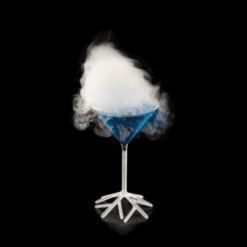 Bulle géante de fumée comestible posée sur verre à martini bleu, kit bulleur Aladin 007