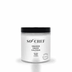 Jar of SocChef calcium salt powder with black lid for cocktail spherification, for setting spheres