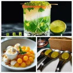 Green cocktail garnished with molecular caviar and lime, yellow spheres and pearls: spherification creations
