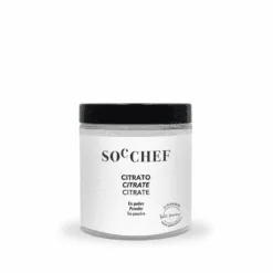 Jar of SocChef sodium citrate powder with black lid for spherification, a food pH regulator