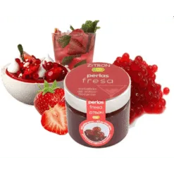 Jar of Zitron fresa red strawberry pearls with fresh strawberries, a Mojito and red berries