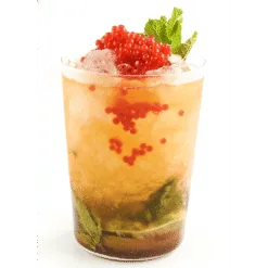 Iced Mojito cocktail topped with red strawberry pearls and fresh mint leaves