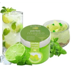 Jar of lime Mojito gourmet pearls next to a fresh mint Mojito cocktail