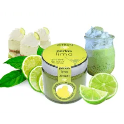 Jar of Zitron lima lime-flavoured pearls for cocktails, garnished with fresh lemons