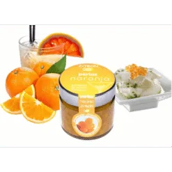 Jar of Zitron naranja orange citrus pearls with fresh oranges, a sparkling cocktail and a verrine