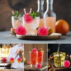 Cocktails roses pétillants garnis de glaçons en forme de rose menthe et pamplemousse en mise en situation