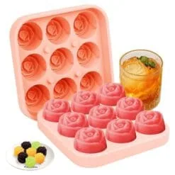 Moule à glaçons rose en silicone forme rose 9 alvéoles avec glaçons fleur et verre de cocktail
