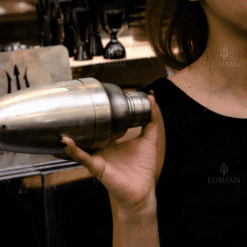 Main tenant le shaker cobbler Kenta en inox argent mat dans une ambiance de bar