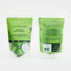 Recto et verso du sachet vert Green capsules pure matcha bio, informations produit au dos