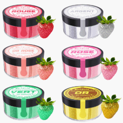 Six pots de paillettes comestibles colorées rouge, argent, or rose, rose, vert et or pour cocktails