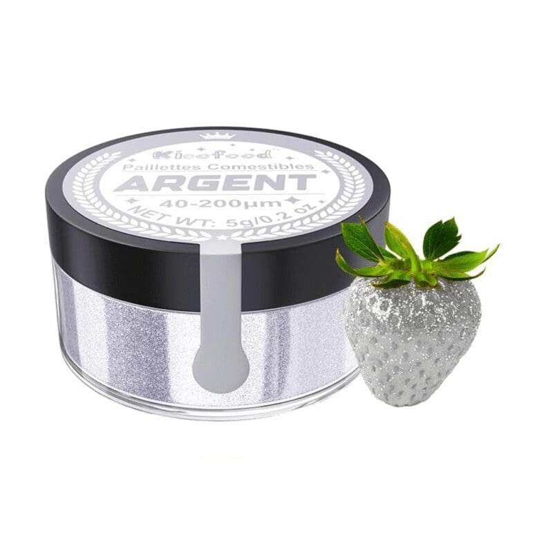 Pot Kicofood paillettes comestibles Argent 40-200 µm 5g avec fraise enrobée de paillettes argentées
