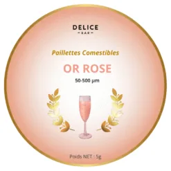 Étiquette ronde Délice Bar paillettes comestibles Or Rose 50-500 µm avec flûte de cocktail rosé, 5g