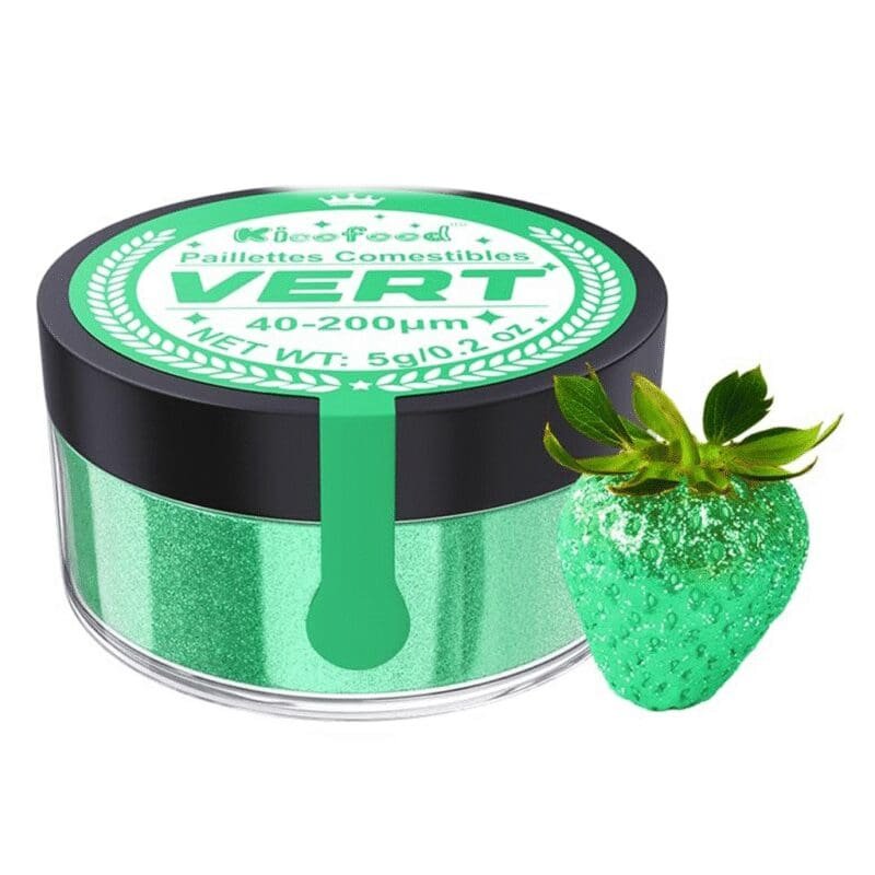 Pot Kicofood paillettes comestibles Vert 40-200 µm 5g avec fraise enrobée de paillettes vertes brillantes