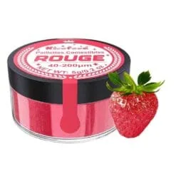 Pot Kicofood paillettes comestibles Rouge 40-200 µm 5g avec fraise enrobée de paillettes rouges scintillantes