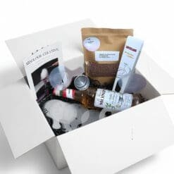 Coffret premium latte art avec sachet Crispy Cappuccino, tamis, pochoirs et sirop Monin vanille