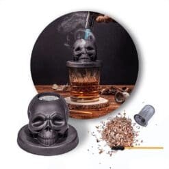 Kit fumoir crâne noir avec couvercle, copeaux de bois, filtre et verre de whisky fumé au chalumeau
