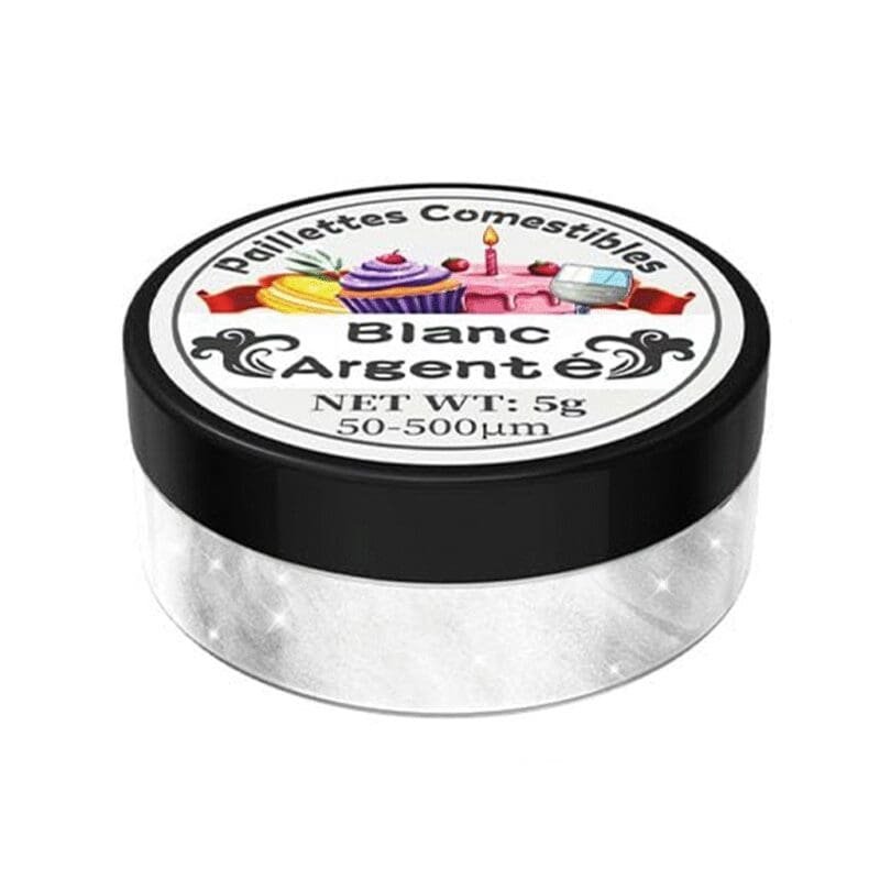 Pot de paillettes comestibles blanc argenté givré sans goût, étiquette Paillettes Comestibles Blanc Argenté 5 g