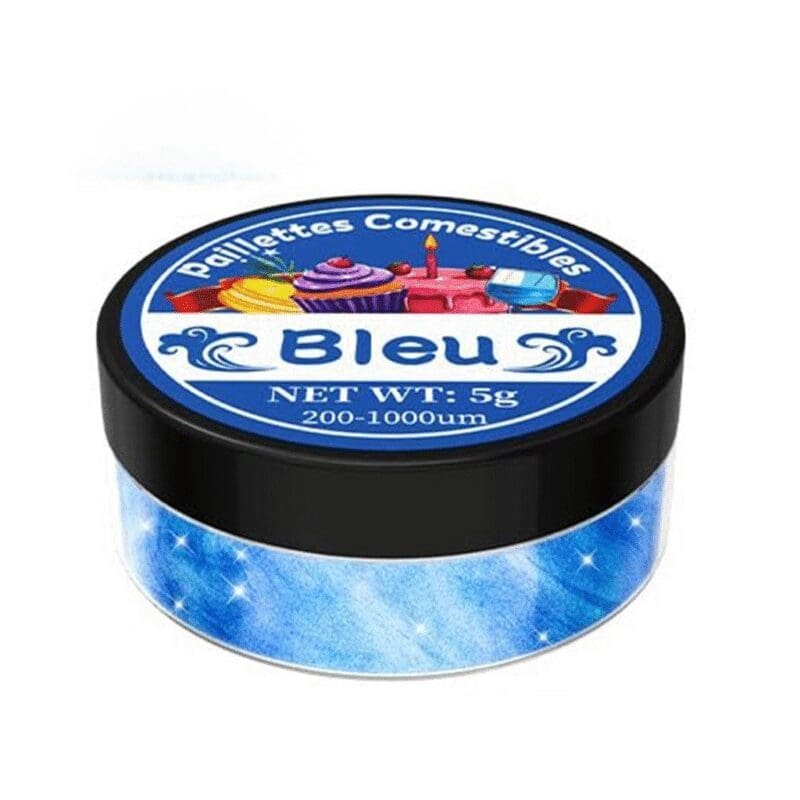 Pot de paillettes comestibles bleu saphir brillant sans goût, étiquette Paillettes Comestibles Bleu 5 g