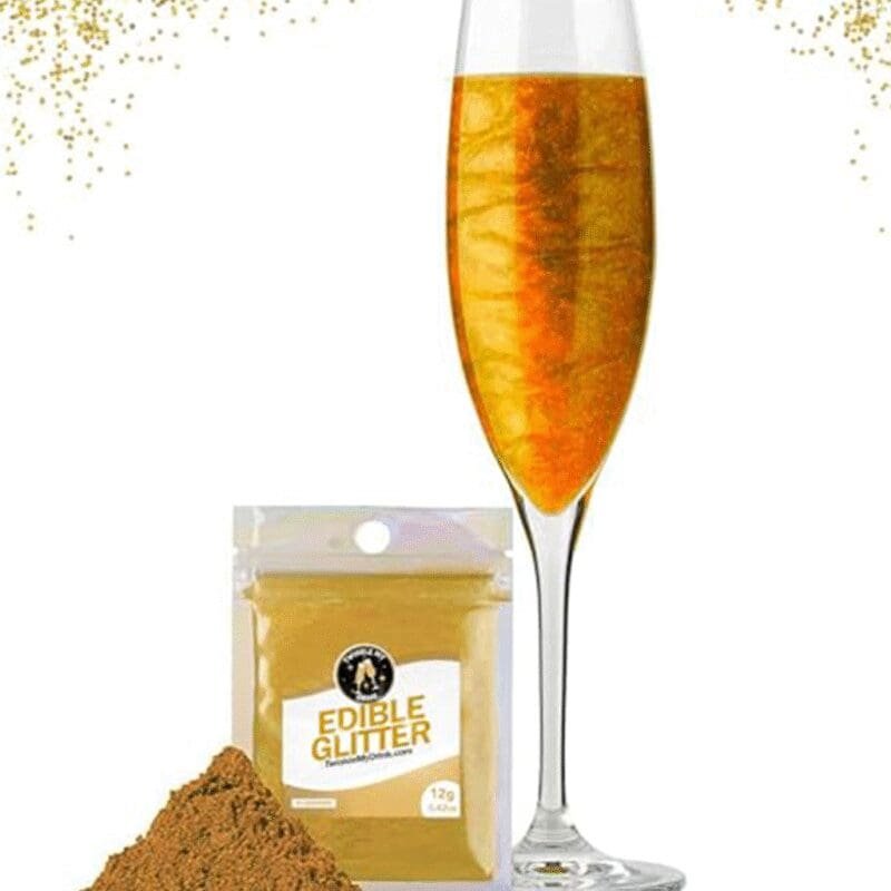 Sachet 12 g de paillettes comestibles or sans goût et flûte de cocktail doré pailleté étincelant