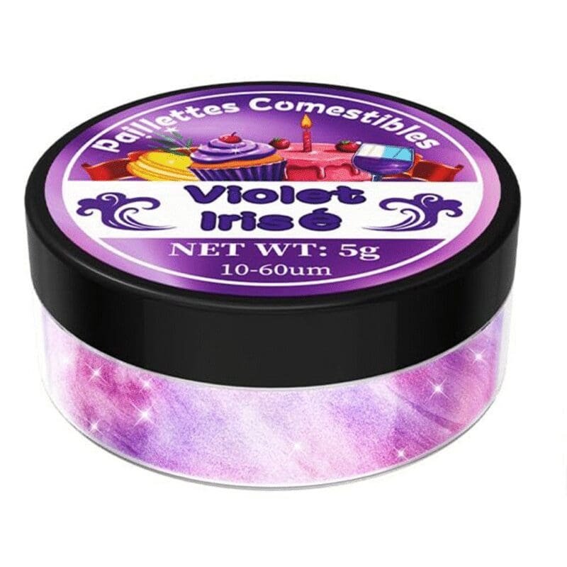Pot de paillettes comestibles violet irisé sans goût 5 g étiquette Paillettes Comestibles Violet Irisé pour cocktails
