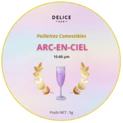 Couvercle de pot de paillettes comestibles Délice Bar Arc-en-Ciel irisé, verre doré et poids net 5 g