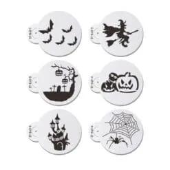 Set di sei stencil rotondi di Halloween con motivi di pipistrelli, strega, cimitero, zucche, castello infestato e ragnatela