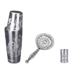 Kit cocktail gravé 3 pièces – Boston, doseur et passoire