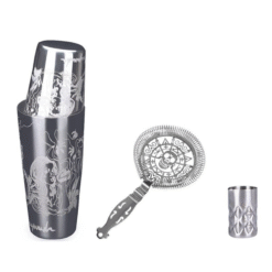 Kit cocktail gravé 3 pièces – Boston, doseur et passoire – vue 1