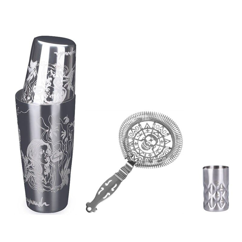 Kit cocktail gravé 3 pièces – Boston, doseur et passoire
