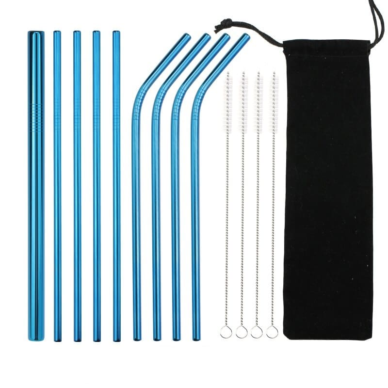 Lot de 9 pailles en inox Bleu en Inox – réutilisables