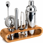 Kit barman inox 8 pièces avec support en bois