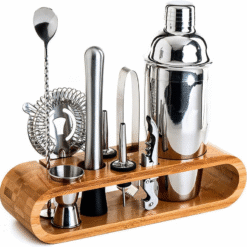 Kit barman inox 8 pièces avec support en bois – vue 1