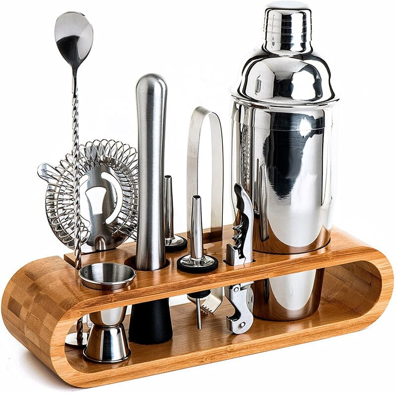 Kit barman inox 8 pièces avec support en bois