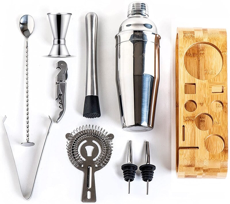 Kit barman inox 8 pièces avec support en bois